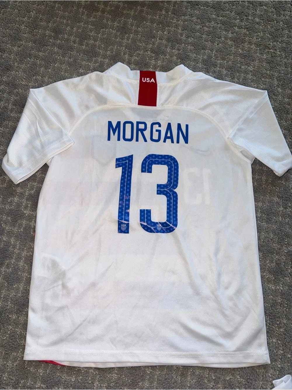 Nike White USA Alex Morgan #13 Soccer Jersey & Shorts with Red and Blue Stripes - Picture 2 of 2